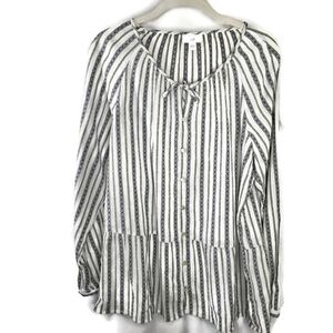 J Jill Peasant Boho Top White Striped  Long Sleeve Oversized Blouse Small